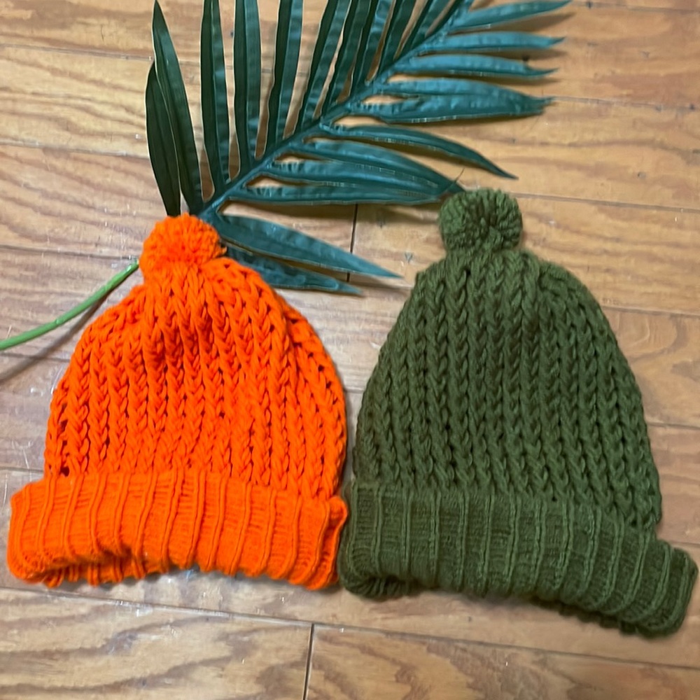 Two Handmade Cable Knit Hats/ Orange & Green